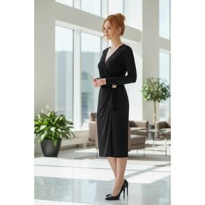 Donna Karan New York Black Faux Wrap Dress Size M Long Sleeve NWT Professional